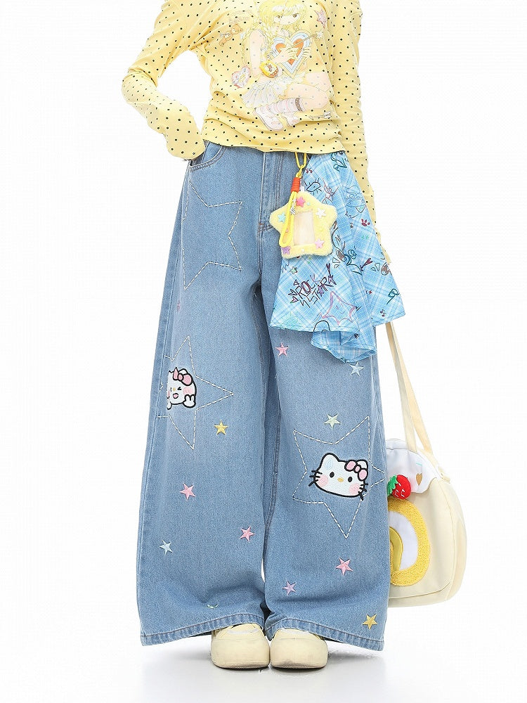 Blue Kawaii Kitty Embroidered Star Jeans with Plaid Bandana Decor, Size S - Languid Park