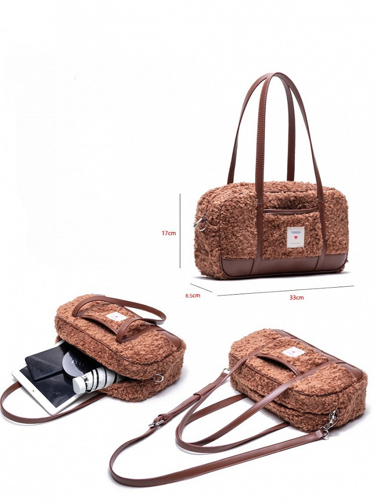 Baguette Faux with Fur Brown Heart Tag Teddy Bag