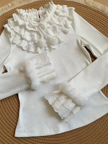 Knit Layered with Ruffles Soft Lolita and Top White for Warm Autumn/Winter