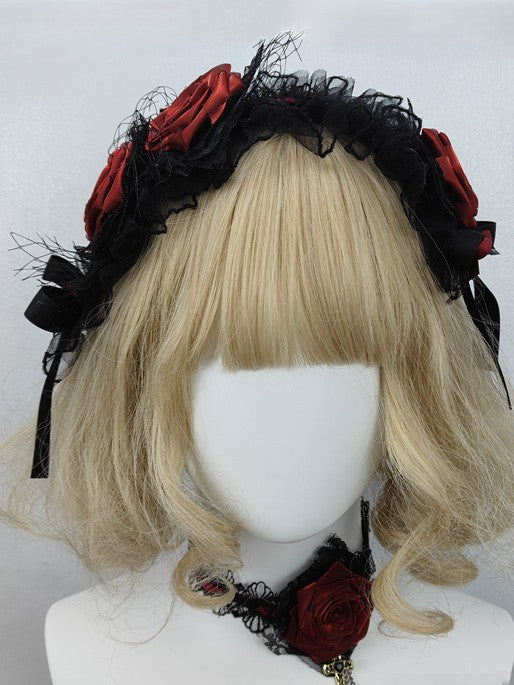 Red Lace Rose Hairband Trim Gothic Bow Wine