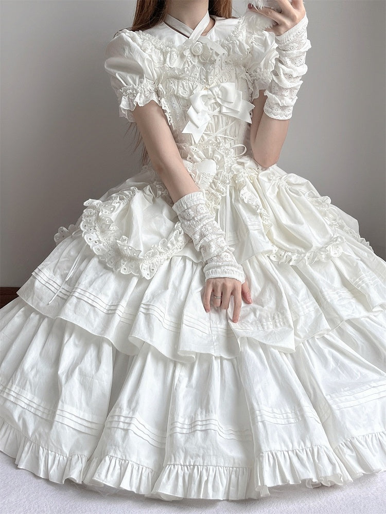 Decoration and Gothic White Heart-shaped Long Dress with Bowknots JSK Lolita Version Ruffled