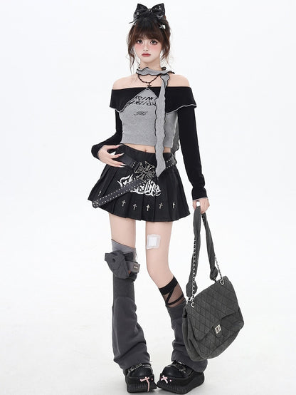 Grey Letters Off-the-shoulder Neckline Cropped Top with Free Scarf