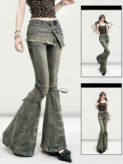 Design Jeans Silhouette Schnürung Verblasst Glamourös Waschung Bittersüß Detail Kawaii Grün Flare
