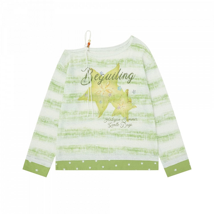 Green Off Shoulder Long Sleeve Top with Star Fruit Print & Rhinestone Details - Languid Park