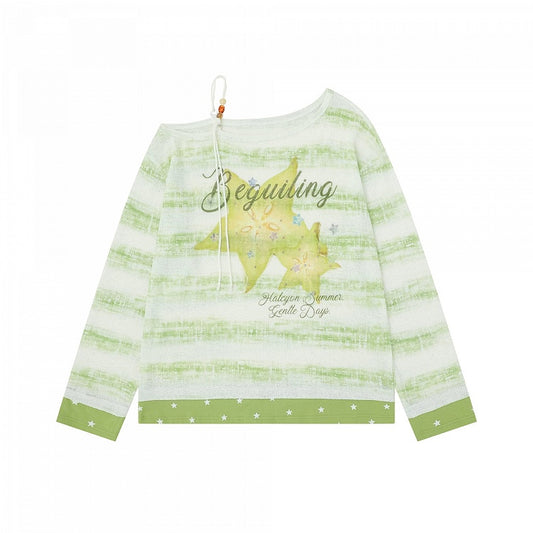 Green Off Shoulder Long Sleeve Top with Star Fruit Print & Rhinestone Details - Languid Park