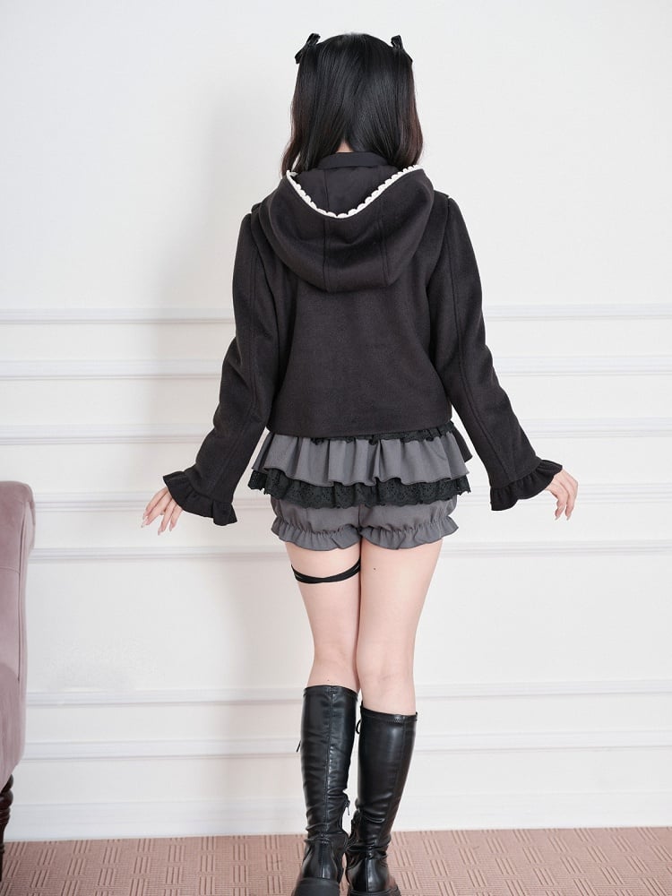 Black Jirai-Kei Wool-Blend Short Hooded Jacket, Ruffled Detail - No Genki