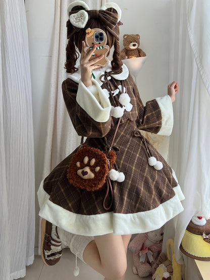 for Coat Lolita Dress Sweet and Paired Autumn with Winter Cherry Brown Embroidered Plaid