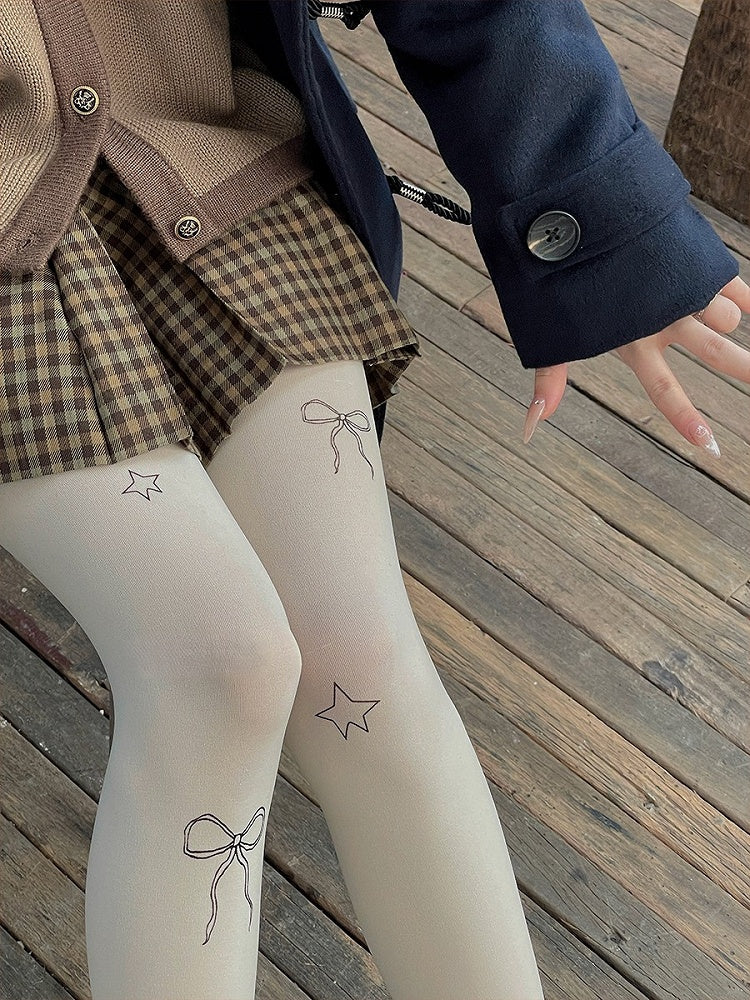 Creamy and Bowknot White/Light Star Print Gray/Purple Pantyhose