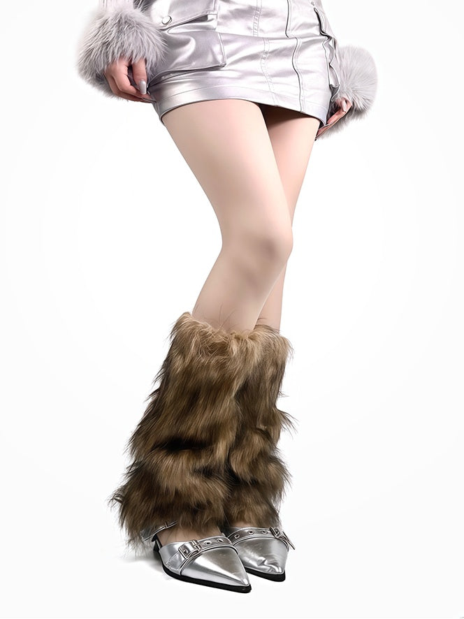 ホワイト/ブラウン Y2K シャギーレッグウォーマー