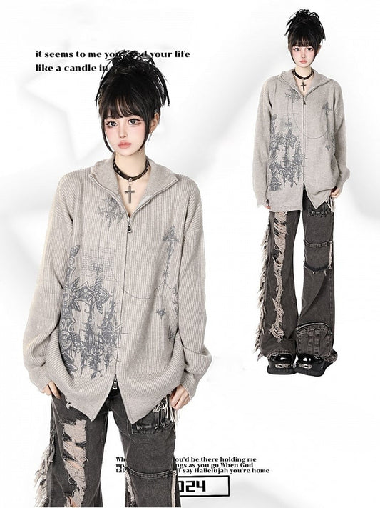 Edgy Gothic Cross Print Gray Distressed Oversized Cardigan Sweater