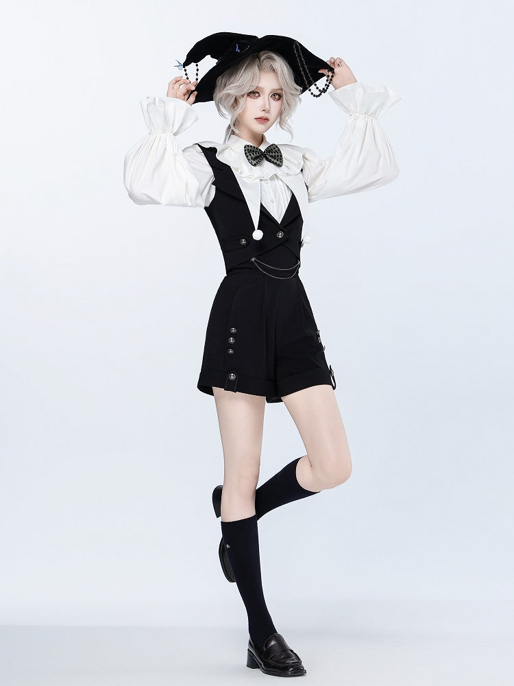 Black High-Waist Straight-Leg Shorts with Silver Chains and Buttons - DevilInspired Exclusive Collection