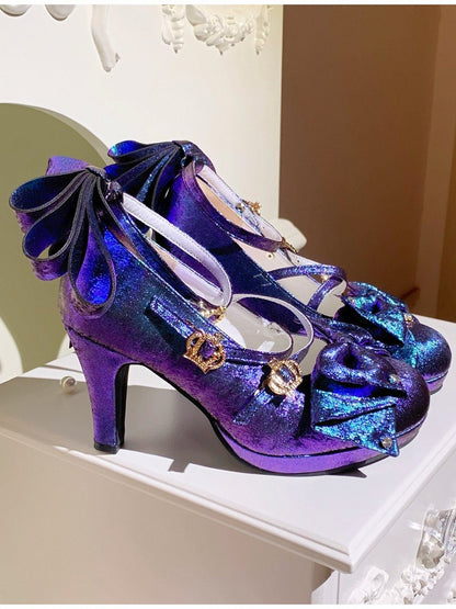 Sparkling Blue-Purple Satin Hime Lolita 8.5cm High Heel Shoes with Crown Buckle and Bow Details - Aimee