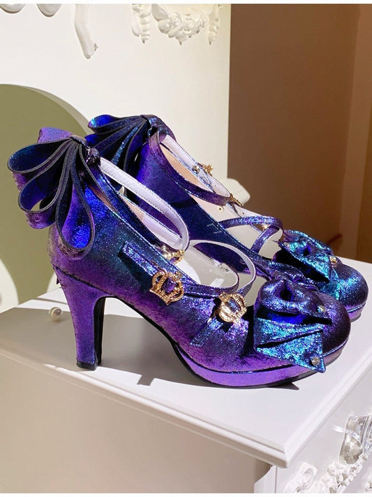 Sparkling Blue-Purple Satin Hime Lolita 8.5cm High Heel Shoes with Crown Buckle and Bow Details - Aimee