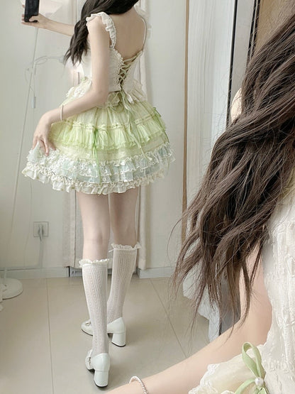 Short Green Bowknot Embroidery Classic Lolita Layered Ruffle Skirt - Amor Design