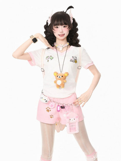 Pink Polka Dot Tee with Bear Embroidery and Doll Necklace - Languid Park