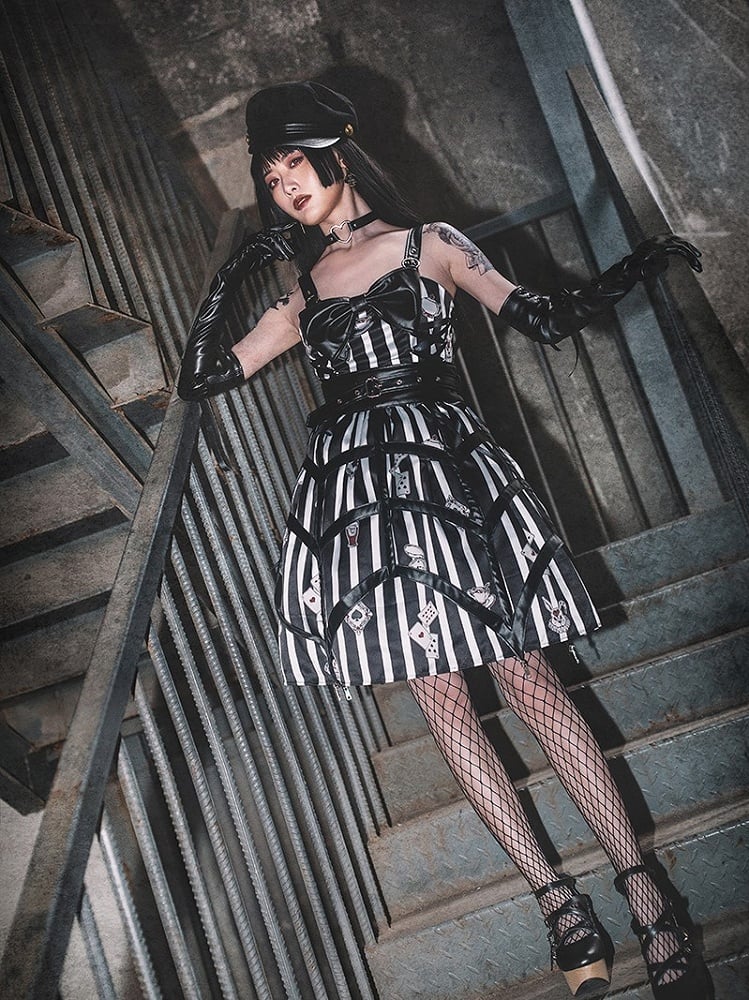 Black with Playing Striped Punk Card Lolita Dress and White Prints