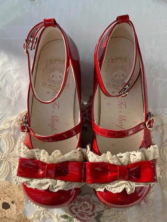 Bow Lolita for with Heels Sweet - Lace Red Low Heart and Trim Buckle Jane Apple Mary Details