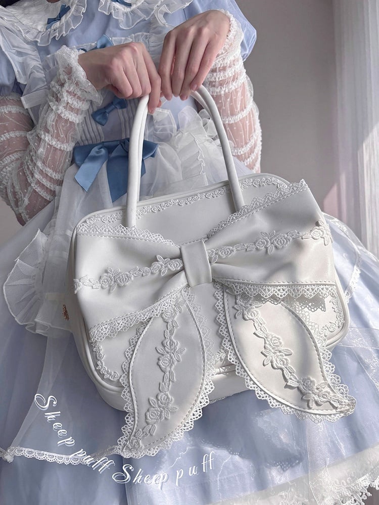 3 Featuring Large Bow Styles White PU Trim Lolita Bag Square Lace and Shoulder a