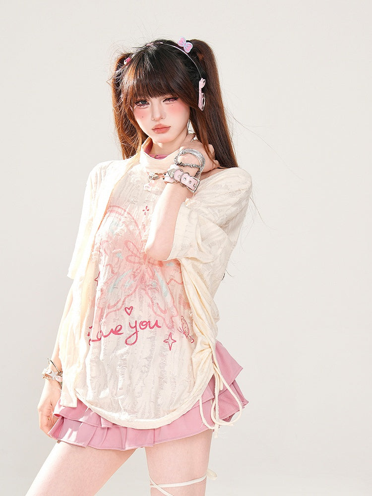 with Butterfly Print Distressed Holes Asymmetrical Apricot T-Shirt Neckline Free Scarf