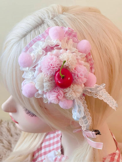 Pompoms Sweet Lolita Hat Cake Cherry Pink White with Mini