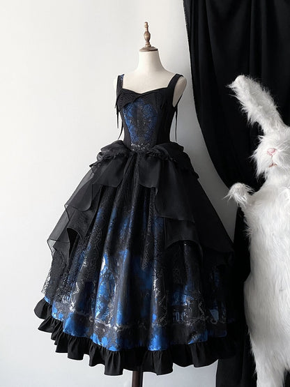 Blue with Layered Dress Irregular Lolita Gothic Overlay JSK Black
