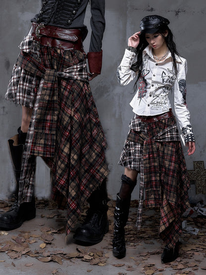 Asymmetrical Knotted Dual Triangular Hemline with Waistband Plaid Front Ties Dark Red PU Vintage Punk Skirt Rock