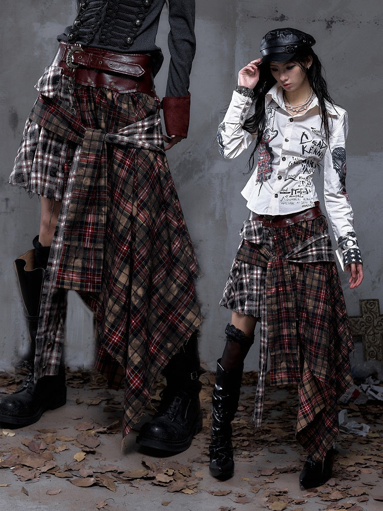 Asymmetrical Knotted Dual Triangular Hemline with Waistband Plaid Front Ties Dark Red PU Vintage Punk Skirt Rock