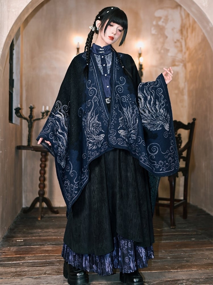 Navy Blue Koi Fish Print Gothic Shawl - Japanese Style Wrap | LilyVow