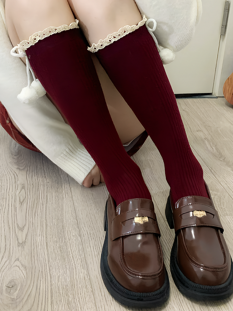Milk White/Khaki/Camel/Red/Black Lolita Lace Trim Calf Socks With Pompons