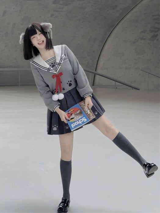Wolf Motif Gray Sailor-Collar Long Sleeve Tee with Bows and Pom-Poms - To Alice