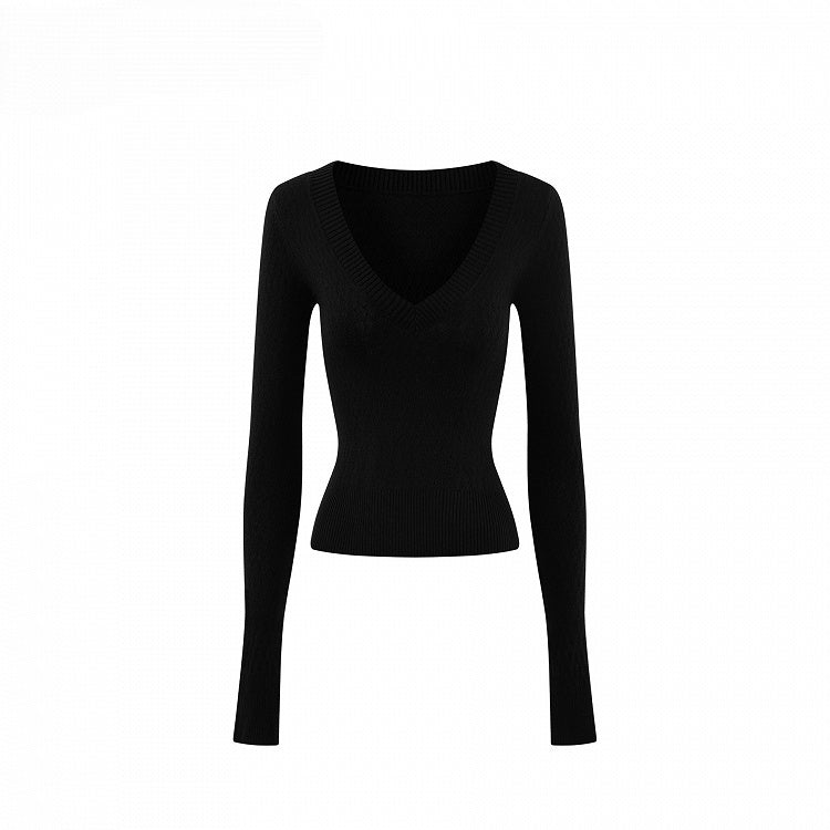 Top Black Ribbed Sleeve Knit Long - Cuffs Slim-fitting Cinching Waist