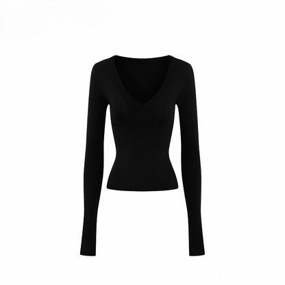 Top Black Ribbed Sleeve Knit Long - Cuffs Slim-fitting Cinching Waist