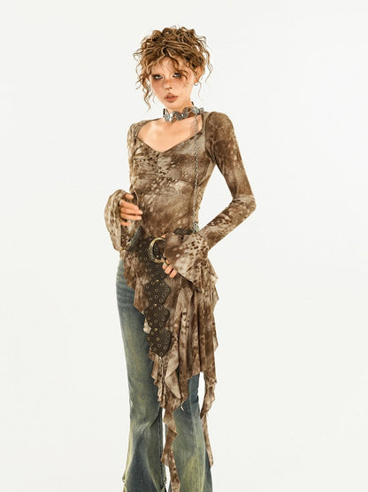 with Top Vintage Tie-Dye Tulle and Bell Hem Coffee Asymmetrical Sleeves