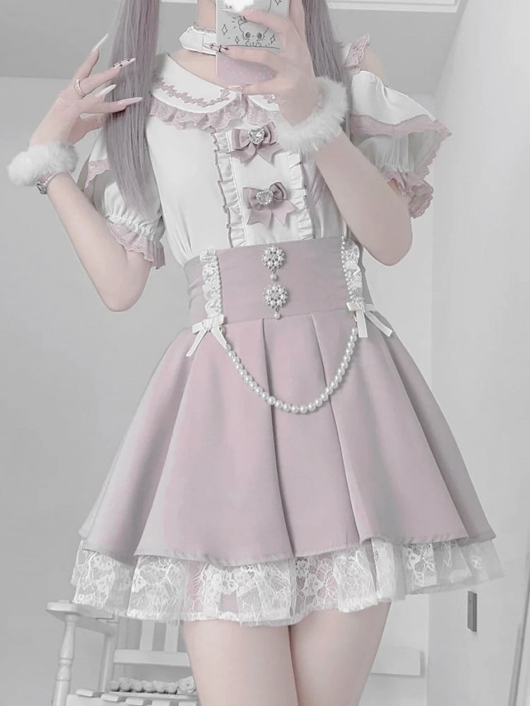 Chain Detachable Pink Skirt Round with Tiered Rhinestone Jirai and High Beaded Waist Kei Accents