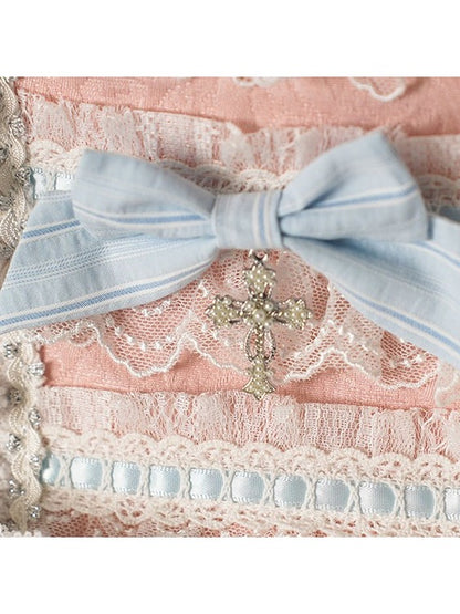 Witch-Themed Lolita JSK Full Ensemble in Pink and Blue with Bow Train, Cape, Detachable Sleeves, Hat and Outer Sleeves - Felinae Cookie