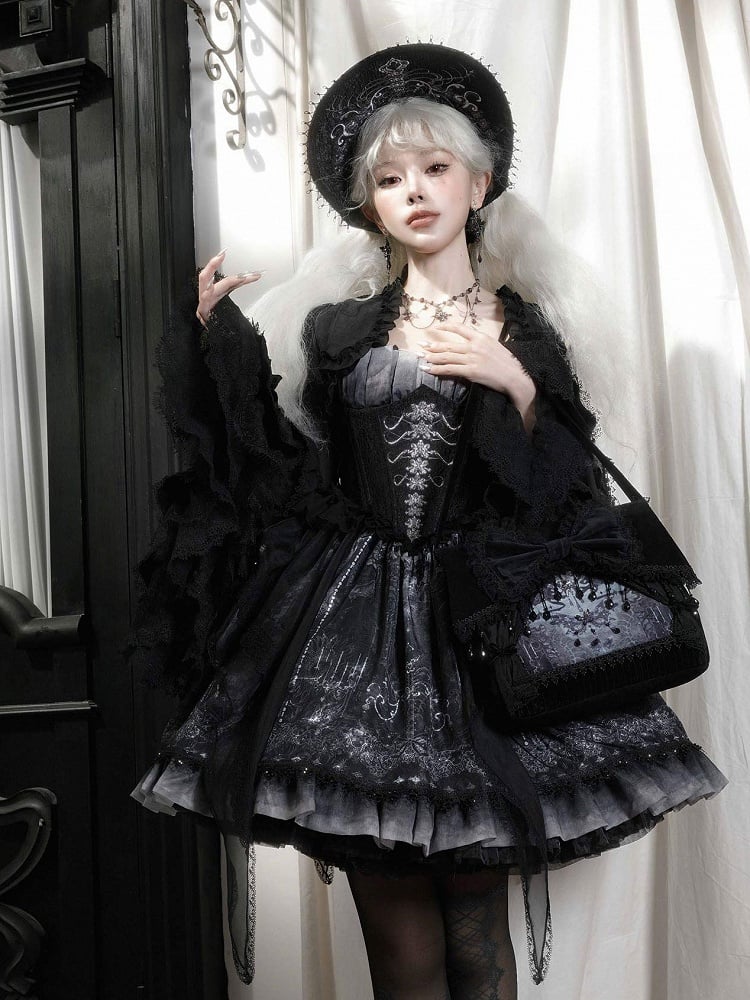 Black and Butterfly Print Bow Bag Shoulder Decoration with Lolita Tassel Gothic Bead