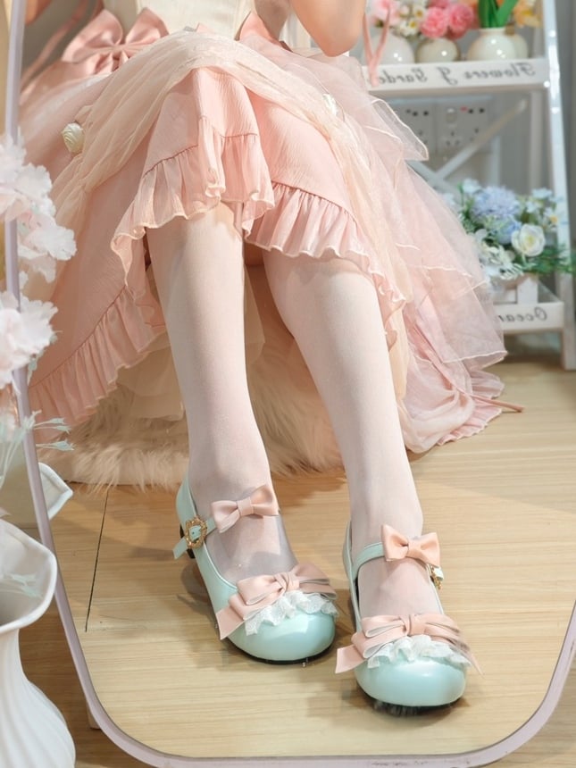 Sweet with Janes Heel Choice Round Bows Green Decor Style Pink Toe Mary Classic - Design 2cm/5cm