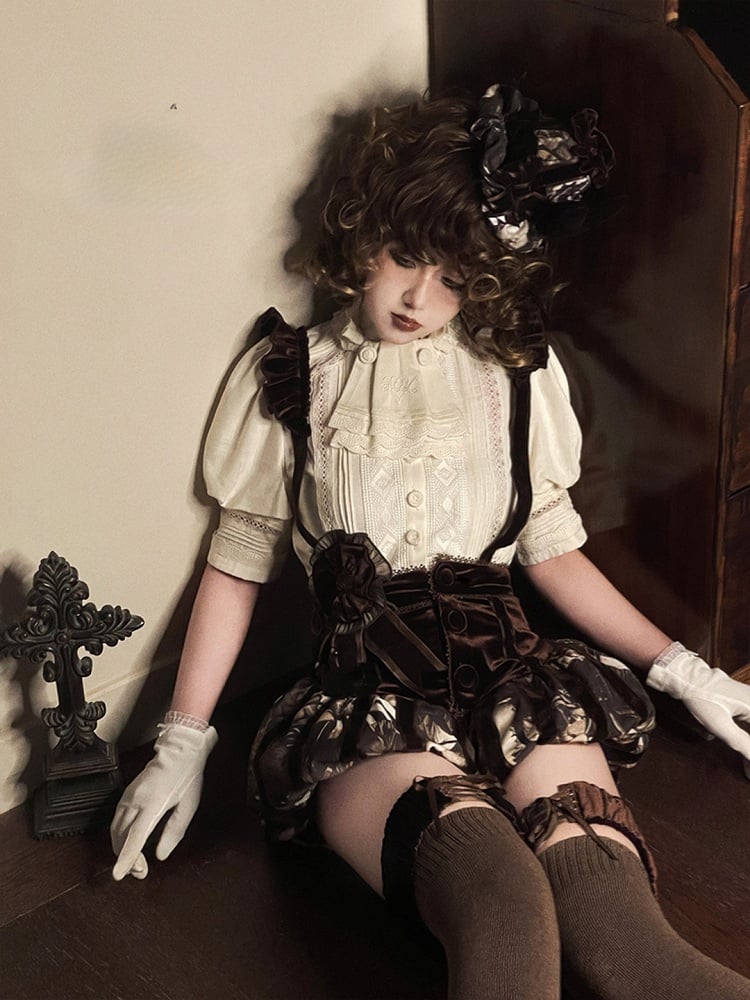 Shoulder Ruffled Gothic Straps with Brown Lolita Printed Bloomers