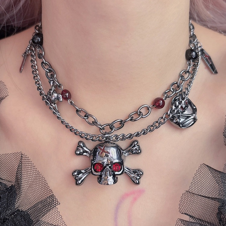 Silver Beaded Punk And Skeleton Necklace Decorated