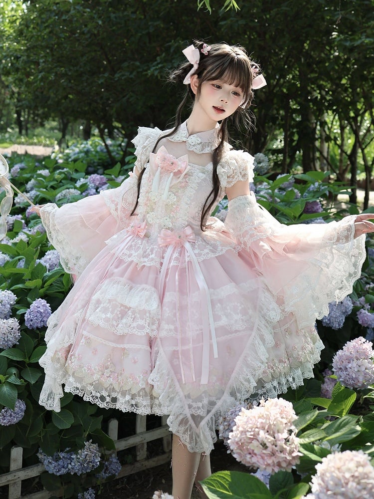 Chinoiserie Pink Lolita JSK with Lace, Choker & Full Set - White Sugar Girl