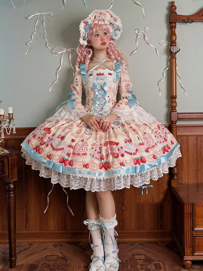 Stück Lange Glocke Ein Gelbes Kleid Mit Süßen Erdbeerärmeln Lolita Kuchendruck