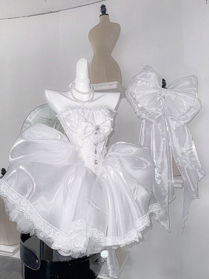 Rhinestones Balletcore Puffy Skirt White with Decorated Set Boned Corset Waist Strapless Top