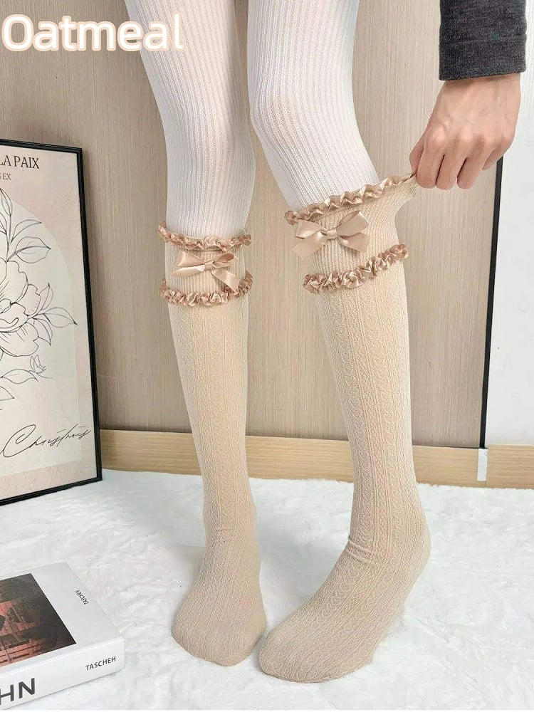 Bow Stockings Lolita Colors) Cable-Knit Style Ruffled (5