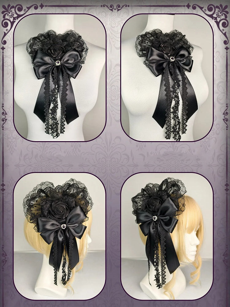 Bowknot Lolita Heart-shaped Black Hairclip Gtohic Floral