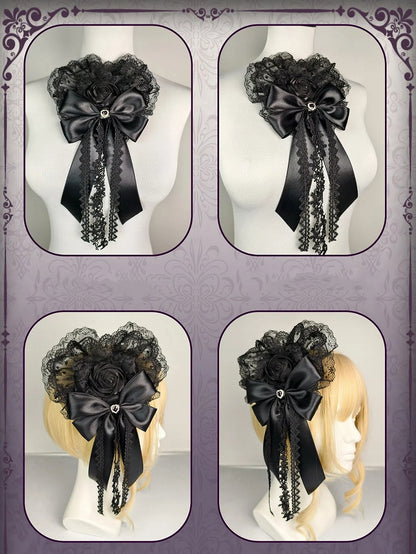 Bowknot Lolita Heart-shaped Black Hairclip Gtohic Floral