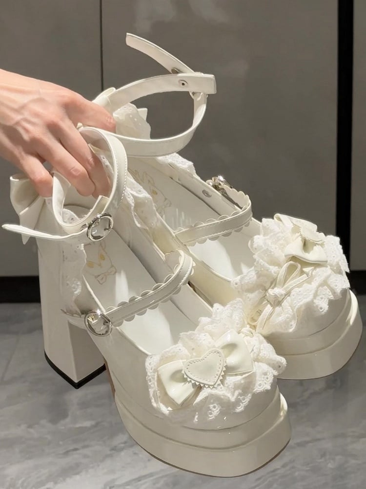 Heel Shoes Mary Lace Accents Bow Lolita Platform High with Sweet Jane and Trim White Block