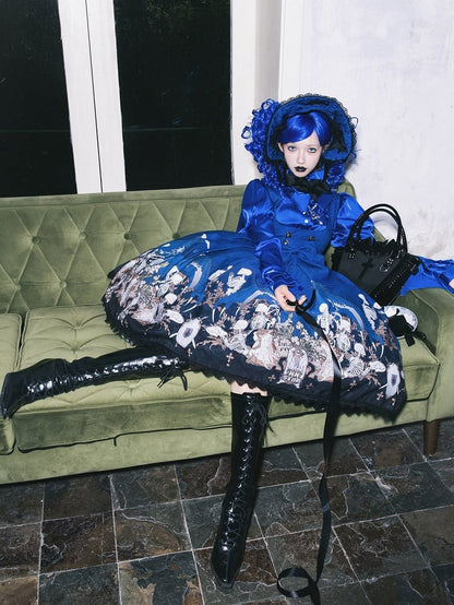 Blue Skeleton Cross Print Under Bust Gothic Lolita Dress with Black Lace Trim - NnSTAR