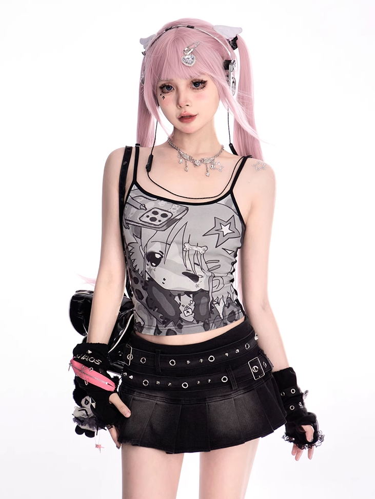 Schwarzes Cami-Top mit Rundhalsausschnitt und Cartoon-Print im Y2K-Stil