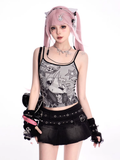 Schwarzes Cami-Top mit Rundhalsausschnitt und Cartoon-Print im Y2K-Stil