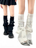 Fake Two-Piece Black/White Vertical Straps with Metal Punk Design Buckle Striped Warmers Leg Pattern
